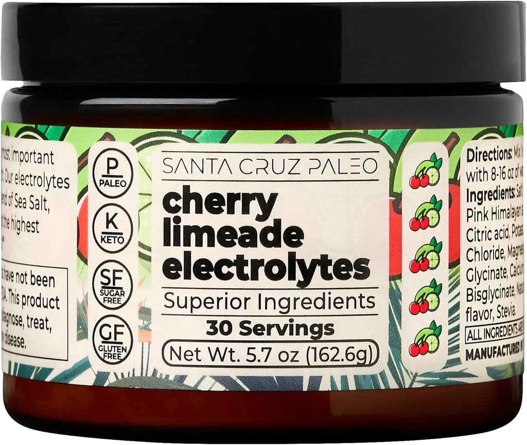 Santa Cruz Paleo Electrolyte Powder, Cherry Limeade Flavor, Sugar Free Hydration Drink Mix with Himalayan Pink Salt, Sea Salt, Magnesium Glycinate, Potassium Chloride, Sweetened with Stevia, 30 Srvgs