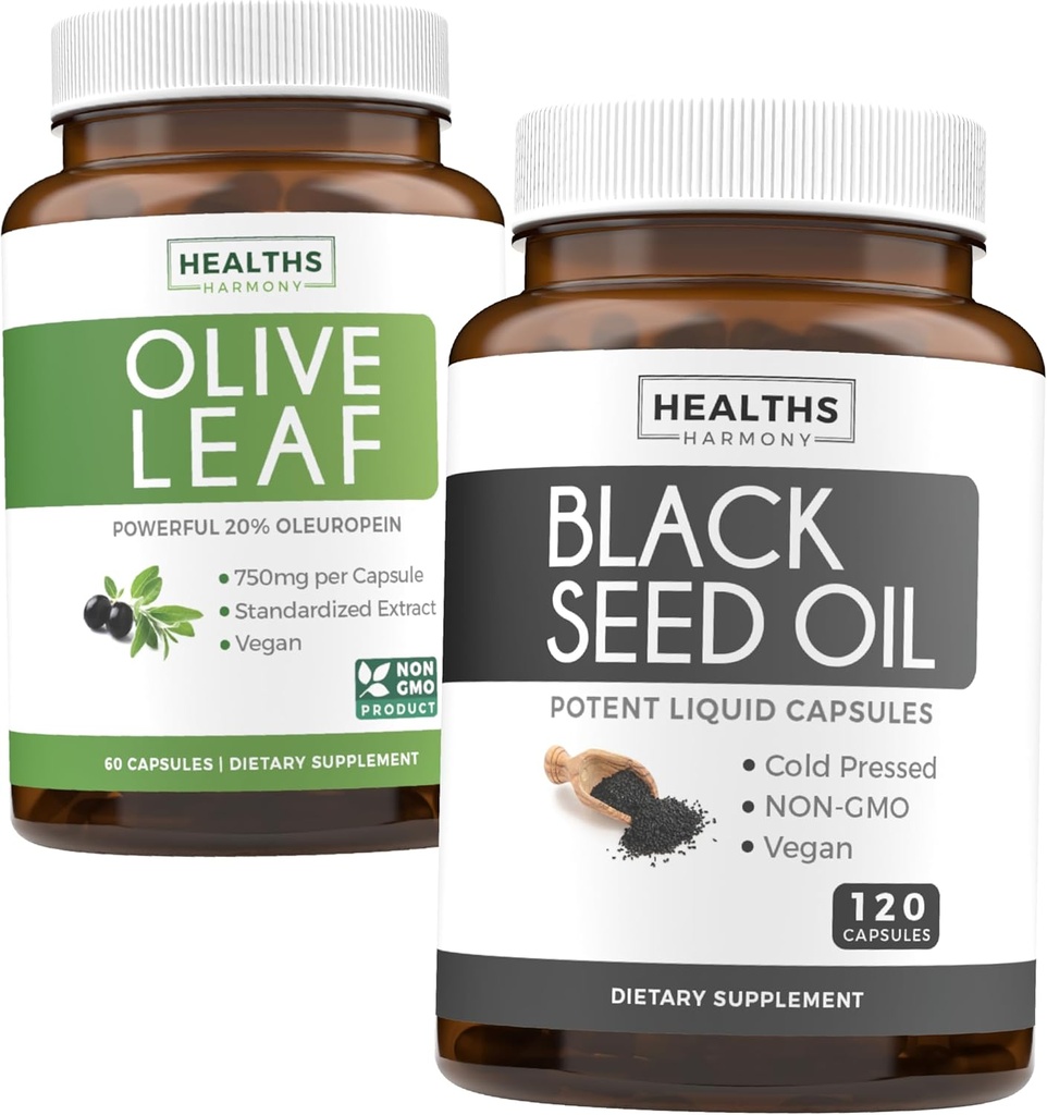Bundle of Olive Leaf Extract " Black Seed Oil - Healthy Lifestyle Bundle - Olive Leaf Extract (No-GMO) Super Strength: Oleuropein " Black Seed Oil - 120 Caps (No-GMO) Premium " Cold-Presed