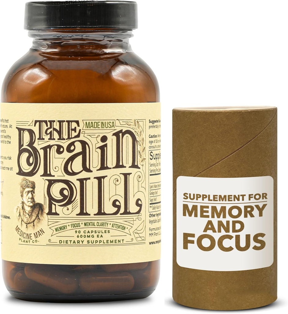 The Brain Pill 90 Capsules – Suplemento de Booster de Cerebro Orgánico - Pills de memoria para cerebro w / Ginkgo Biloba Capsules, Mane & Sage de León - Suplemento de Booster de Cerebro para Focus, Memoria, Claridad, Energía