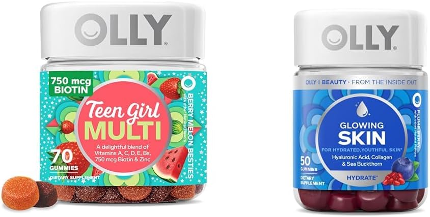 OLLY Chica Adolescente Multi Gummy y Glowing Skin Gummy Bundle, 70 Cuenta y 50 Cuenta