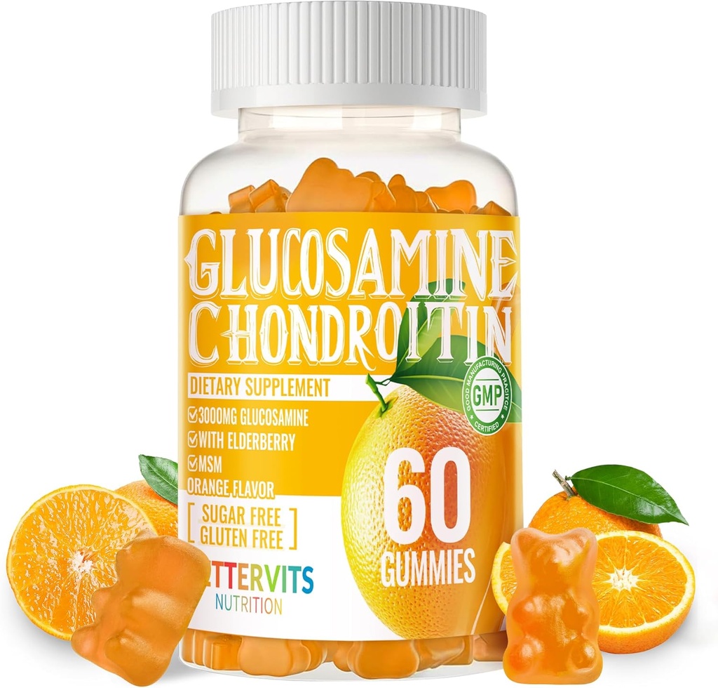 Glucosamine Chondroitin Gummies with MSM & Elderberry Extra Strength - Soporte conjunto, suplemento de apoyo antioxidante para adultos, hombres y mujeres.60