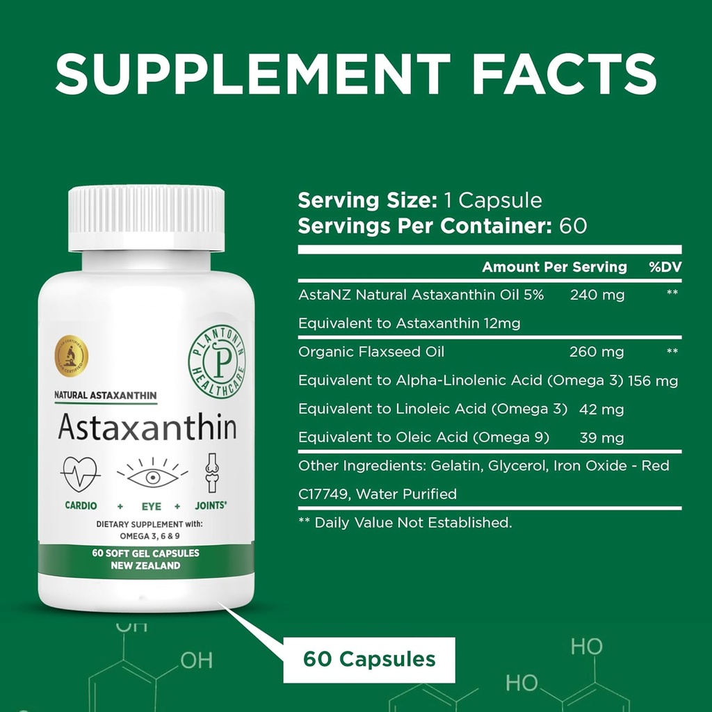 Nueva Zelanda - Astaxanthin 12mg de Microalgae Haematococcus Pluvialis - 60 geles blandos - GMO & Gluten Gratis - Antioxidante - Apoya la movilidad conjunta > recuperación posterior del ejercicio, la piel y la salud del ojo
