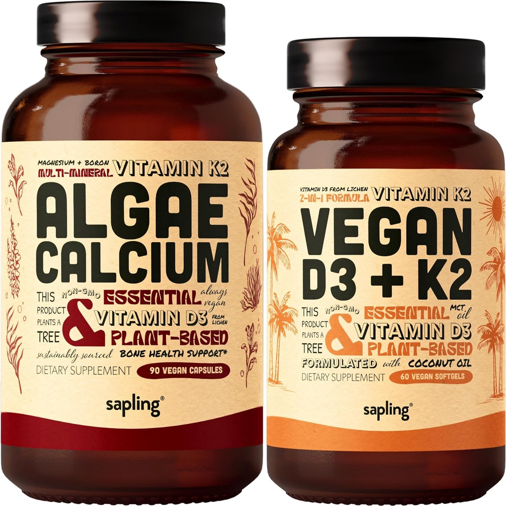Algae Calcium & Vegan Vitamin D3 + K2 Bundle - Suplemento de calcio de Algas Rojas, 4000 UI Vitamina D3 y 100mcg Vitamina K2