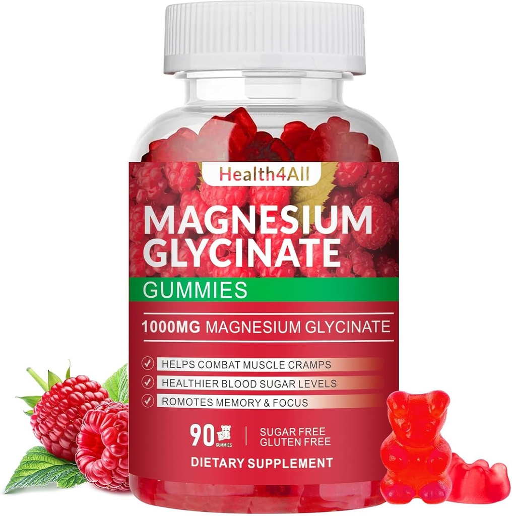 Magnesio Glycinate Gummies 1000mg, alta absorción Sugar suplemento de potasio libre de magnesio para la relajación, el alivio de estrés y el apoyo al sueño para adultos " Niños - 90 gomas de frambuesa