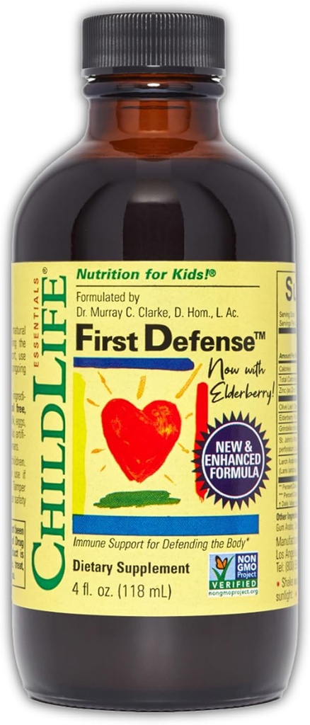 CHILDLIFE ESSENTIALS First Defense - Apoyo a los Inmunes Infantiles, Apoyo Inmunitario para Niños, Toddlers 1-3, Bebés 6 Meses+, Vitamina Syrup with Elderberry, Zinc, Non GMO, Gluten Free - 4 Fl Oz (Pack of 1)
