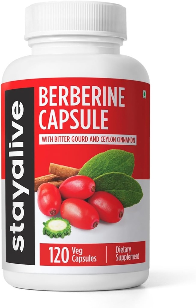 STAY ALIVE Premium Berberine with Ceylon Cinnamon, 3-in-1 Complejo con Berberine HCL 1200mg & Bitter Gourd Extract, 120 Capsules, Extra Strength Powder, Non-GMO & Gluten-Free Supplement