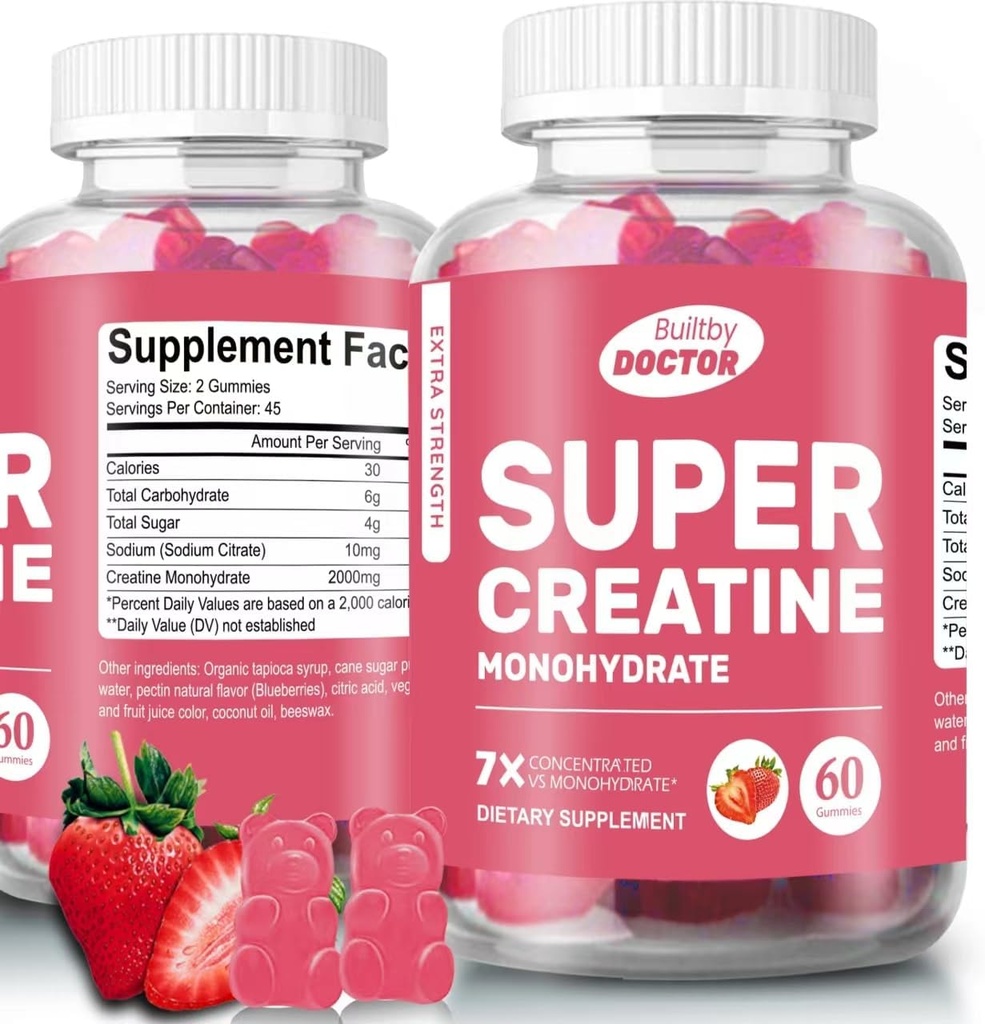 Super Creatine Monohydrate Gummies for men and women, Sugar-Free, 30 Servings, 5g of Creatine Per Serving, Vegan, Gluten-Free, Bodybuilding Recovery Suplemento para aumentar el tamaño del músculo y la fuerza