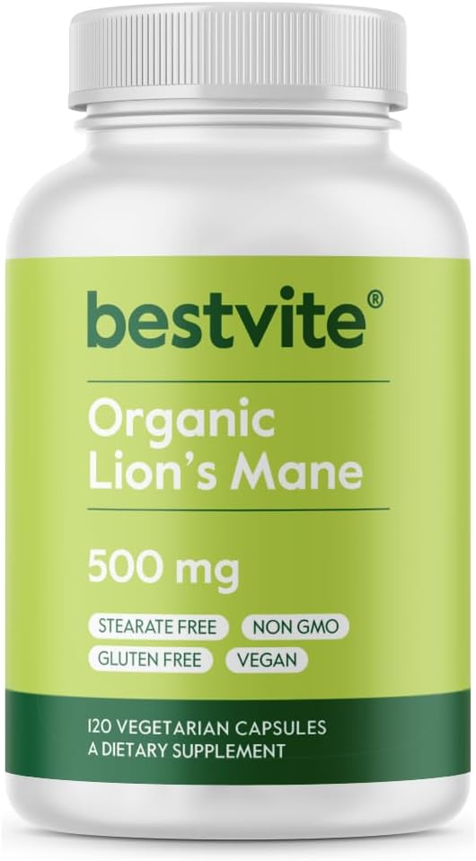 Mane de león orgánico 500mg (120 cápsulas de verduras) - No Stearates - Vegan - No GMO - Gluten Gratis - Certified Organic Lion's Mane
