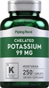 Piping Rock Chelated Potassium Suplemento 99mg  250 Caplets peru Potassium Gluconate  Vegetarian, Non-GMO, Gluten Free