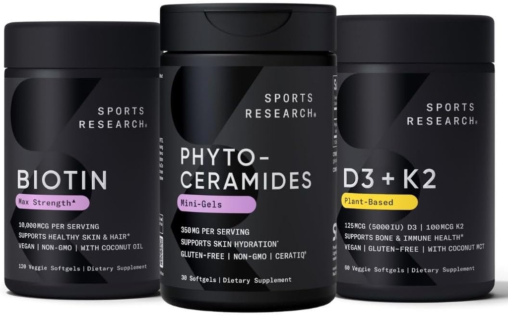Investigación Deportiva Vitamina D3 K2 con aceite de coco, Biotina Vegana 10,000mcg con aceite de coco " Phytoceramides 350mg por Ceramidas Derivadas de plantas Softgel para la piel sana y la hidratación