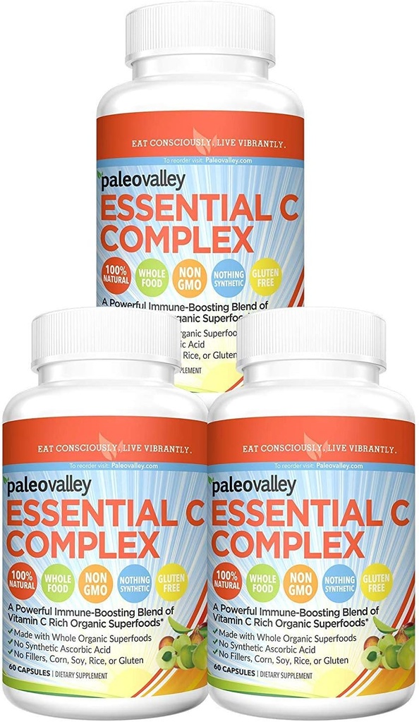 Complejo de C esencial Paleovalley - Suplemento de vitamina C para soporte inmunitario - 3 Pack, 450mg - De los Superfoods Ecológicos Unripe Acerola Cherry, Camu Camu, Amla Berry - No Synthetic Ascorbic Acid - USA Made