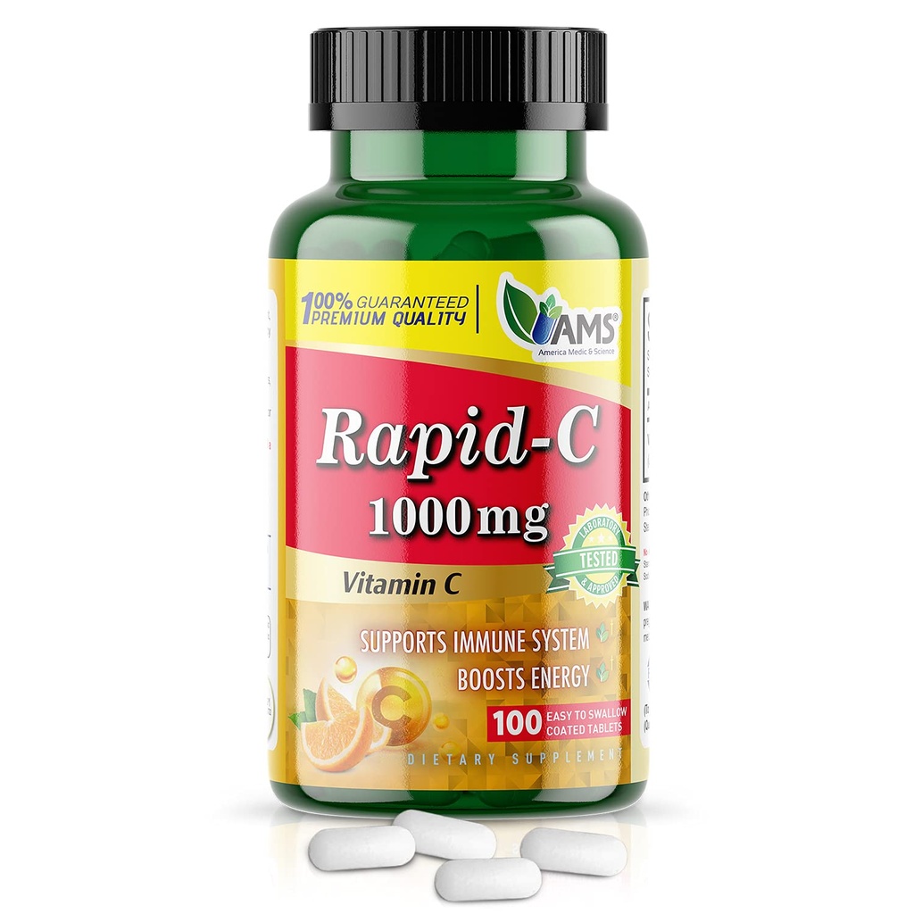 America Medic & Science Rapid-C 1000mg Vitamin C Supplement (1 Pack of 100 Tablets) Energy Booster, Daily Immune System Support, Antioxidant | Vegan, Non-GMO Coated Ascorbic Acid for Adult Men & Women