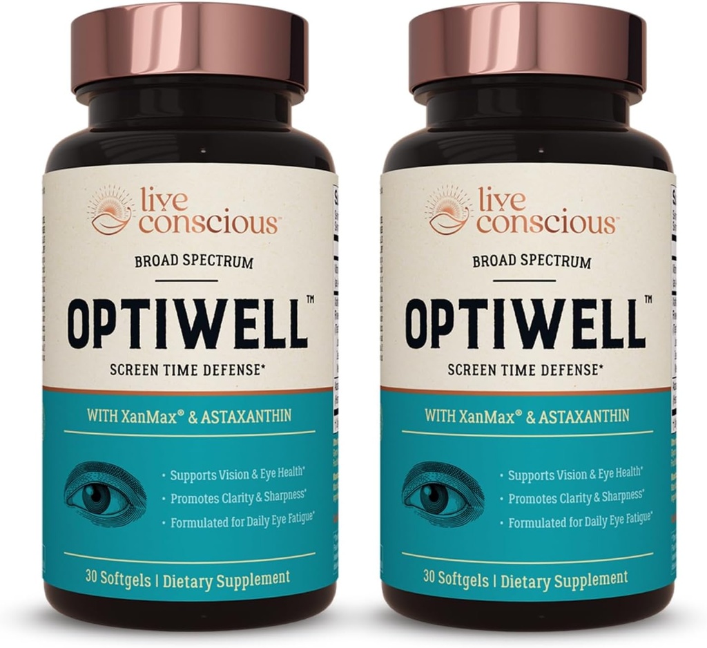 Vitaminas de ojos conscientes en vivo Seleccione AREDS 2 Ingredientes con vitamina E, luteína y astaxanthin - OptiWell Eye Health Suplemento y Blue Light Support (2 Pack)
