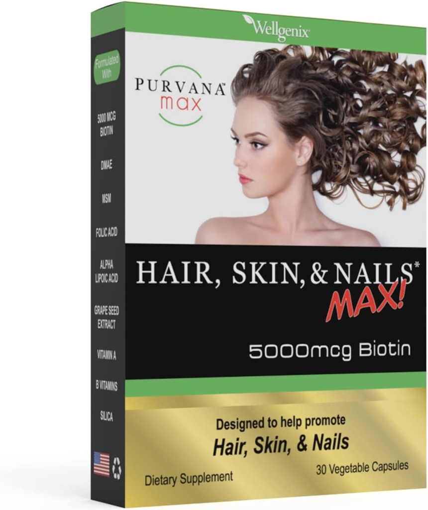 Wellgenix Purvana Max Hair, Skin y Nails Vitamina - Doble Fuerza Biotina 5000 MCG, VIT A & B, Ácido fólico, Extracto de semillas de uva - Suplemento de soporte para el cabello -30 cápsulas (Pack of 1)