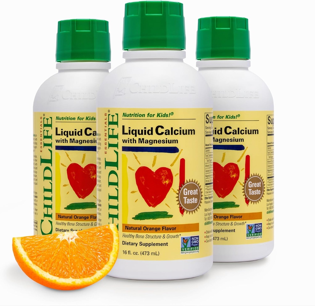 ChildLife Essentials Suplemento de calcio líquido para niños - Calcio bebé con magnesio, zinc y vitamina D3 - sabor a naranja, 16 fl oz (3 Pack)