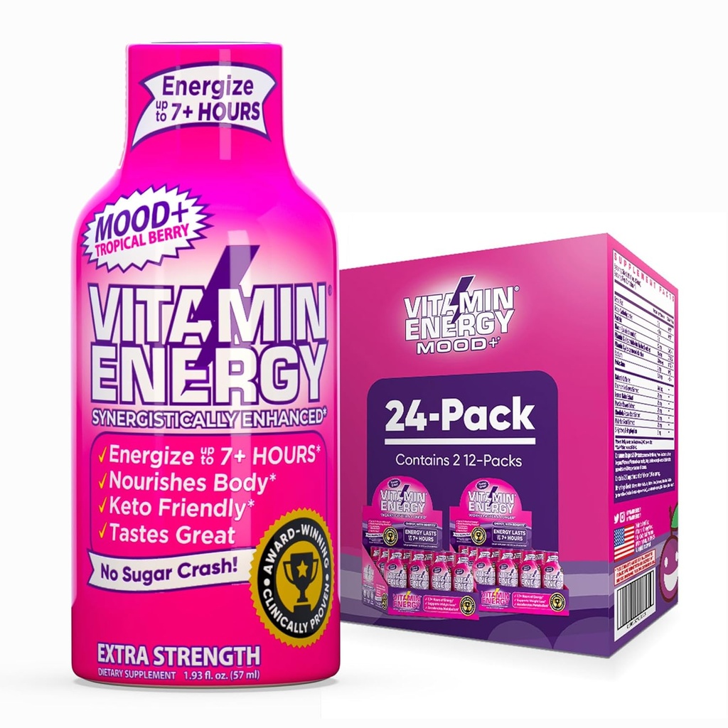 [BRSRAGLQCQPBUE34] Vitamin Energy Mood+ Extra Strength Energy Shot Tropical Berry 24 Pack, 260mg Natural Caffeine, B-Vitamins, Rhodiola, Chamomile, Mood & Energy Support, Zero Sugar, Gluten-Free, Vegan, 1.93 fl oz