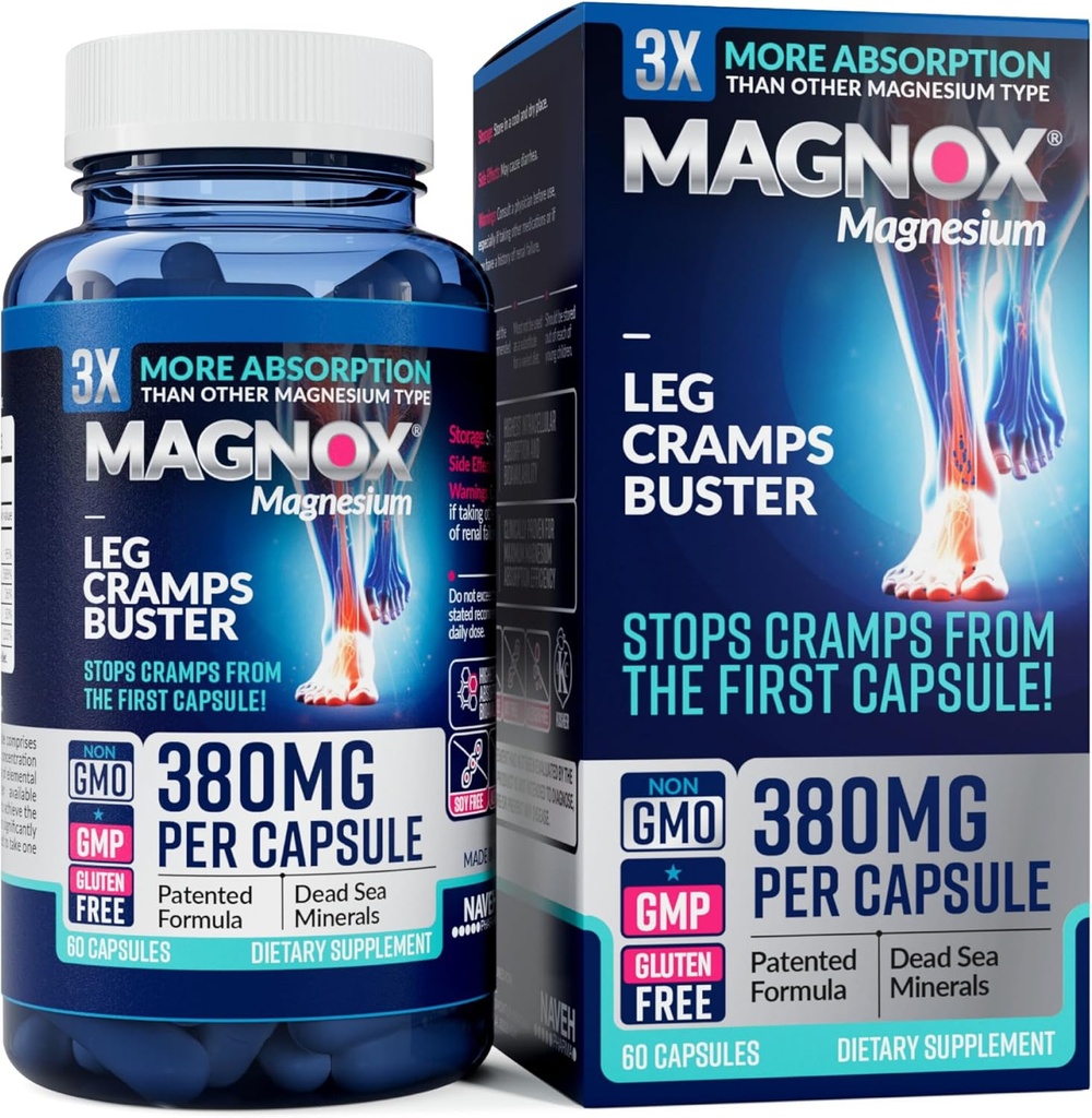 MAGNOX® Leg Cramps Buster  380mg Magnesium for Leg Cramps at Night TEN Magnesium Supplement for Muscle Spasms ANTE 3X Más Absorption  durable Dead Sea Minerals TENIDO Sleep & Muscle ← 60 Caps