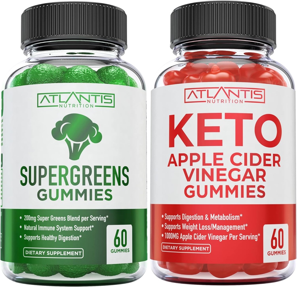60 Supergreens Gummies Daily Green Superfoods Suplemento + 60 Keto Apple Cider Vinegar Gummies Advanced Weight Loss.