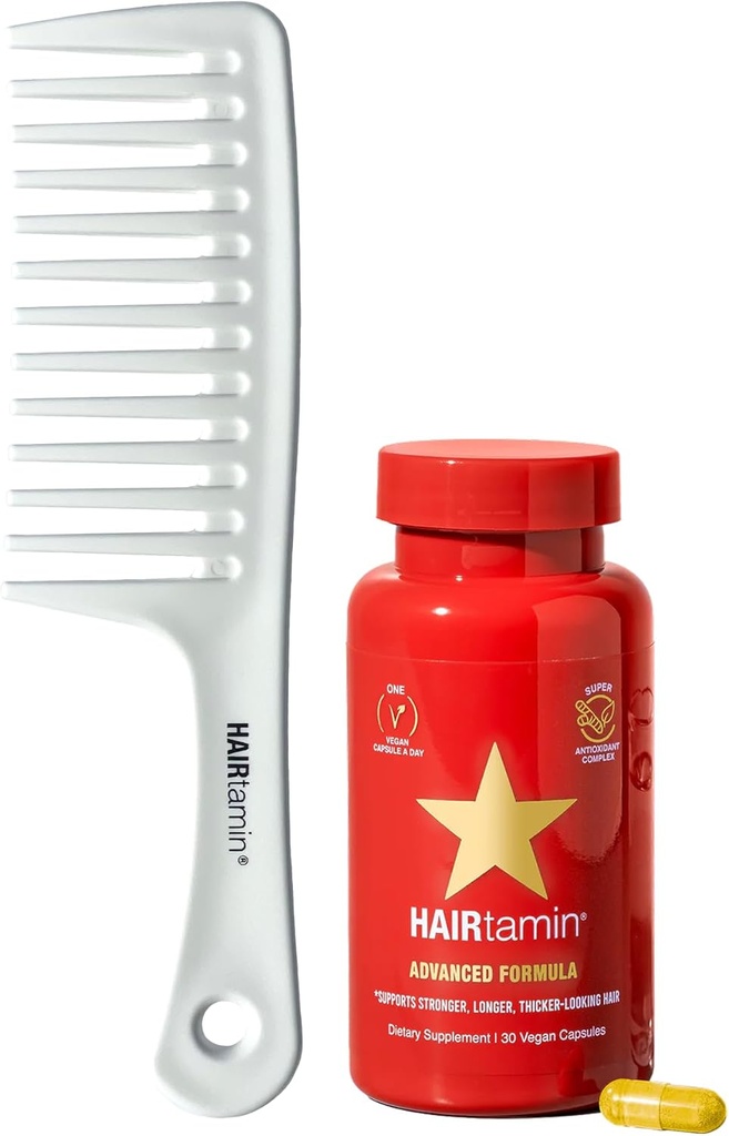Hairtamin Advanced Vegan Biotin Supplement Pack  Hair, Skin & Nail Vitamins with Gentle Detangling Comb to Promote Growth & Thickness