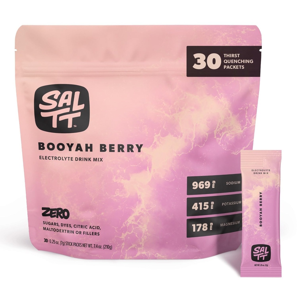 SALTT Electrolytes Powder Packets (Booyah Berry - Mixed Berries) 30 Stick Packs - Easy Dissolve, No Clumping - Essential Minerals - Hydration Packets - Zero Sugar - Gluten Free, Vegan & Kosher