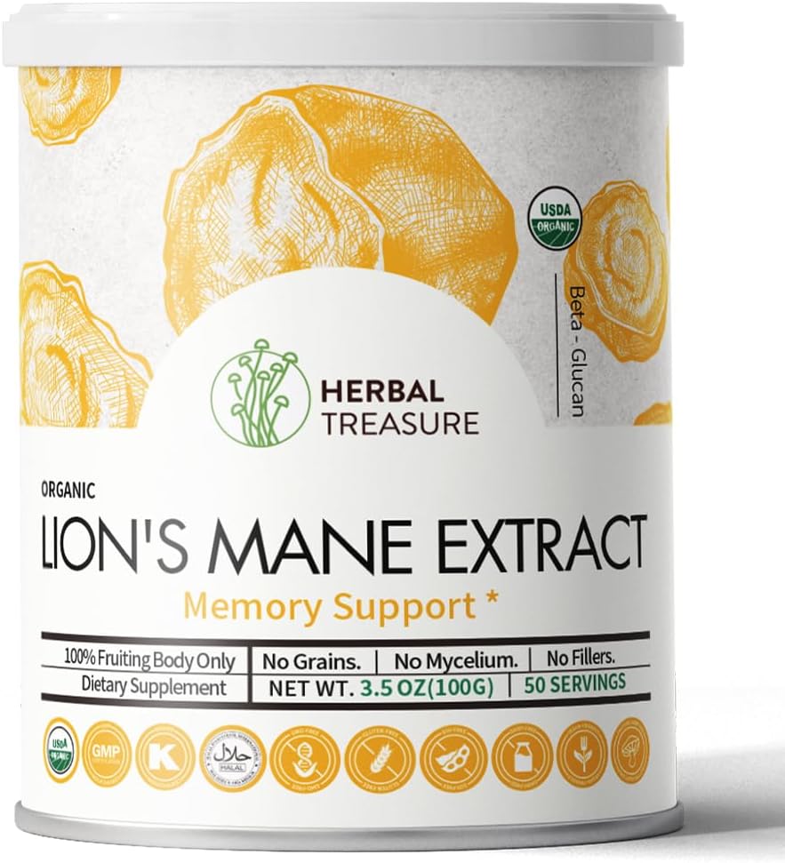 Leones orgánicos Mane, no GMO y leones libres de gluten Mane, Crecimiento Neuronal y Sistema Inmunitario, Polvo de hongos para el soporte de memoria, concentración, claridad, creatividad y servicio Mood-50