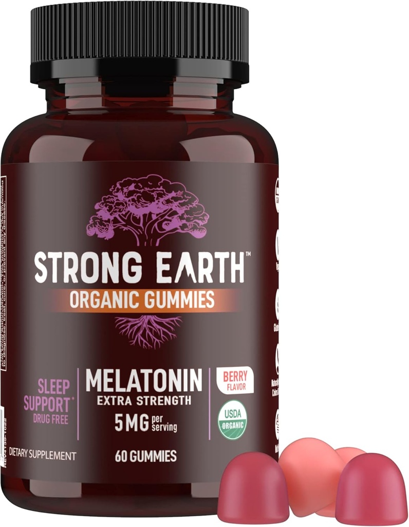 YUM-V'S Organic Melatonin Sleep Aid Gummies, Adultos Extra Strength Melatonin Gummy - Vegan Non GMO Sleep Melatonin Gummies for Sleeping Support Berry 5 MG - 60 Count