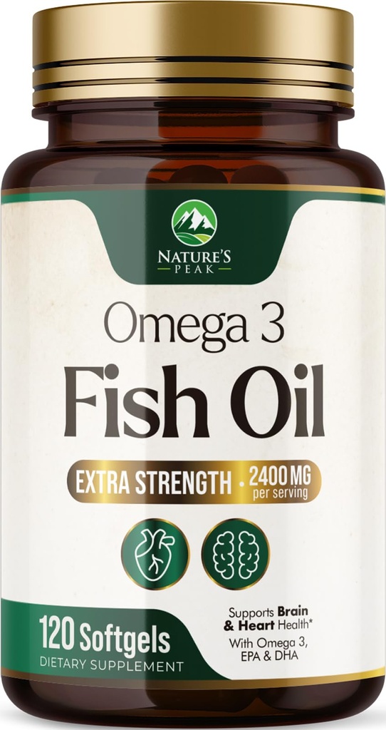 Omega 3 Fish Oil 2400 mg Suplemento, Fuente sostenible, Triple Fuerza Omega-3 Suplemento Softgels, Apoyo a la Salud del Cerebro, EPA & DHA Fish Oil Fatty Acids Suplementos, Gluten & GMO Gratis, 120 Softgels