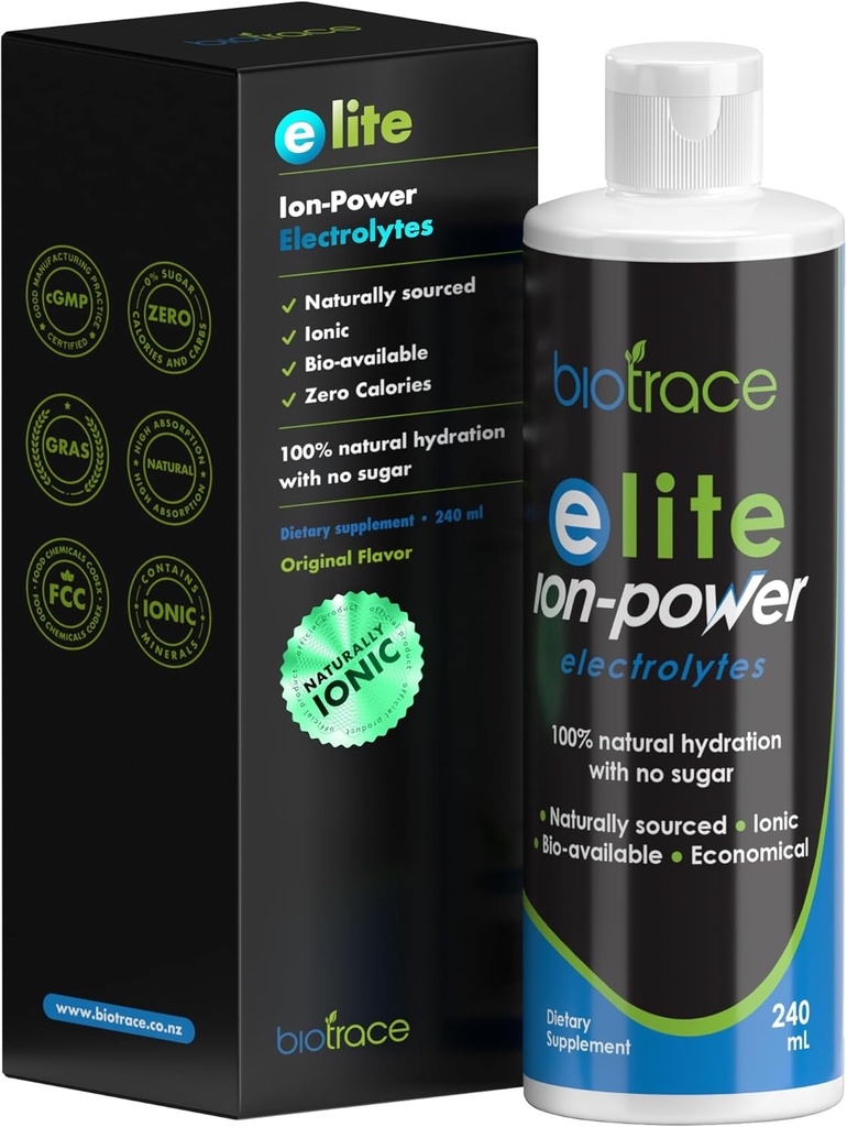 BioTrace Elite Ionic Electrolyte Drops Silencio 0 Calories 0 Azúcar 0 Carbs ← Hidración rápida, resistencia, energía, recuperación de músculos ¦ Trace Minerals Electrolytes tención 30%+ Más Potasio Magnesio Chloride  8 fl oz