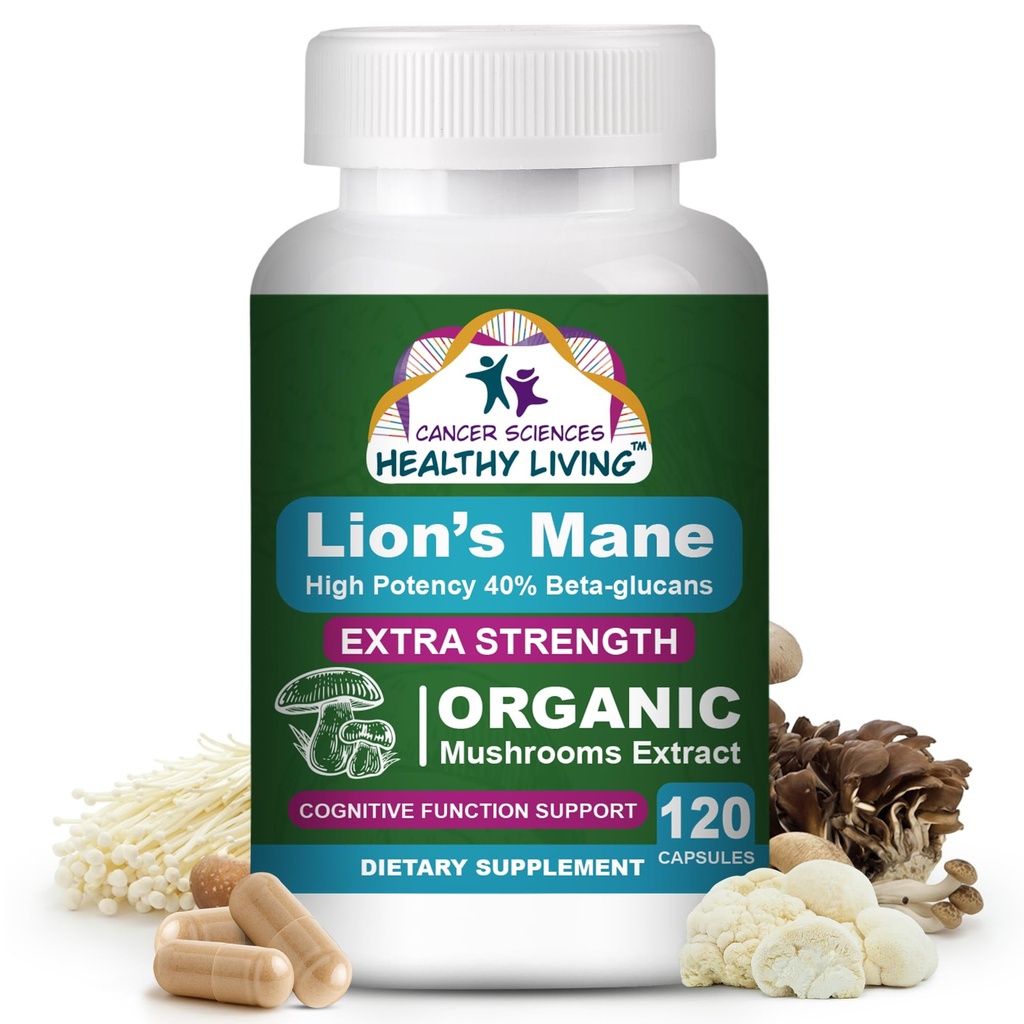 Cáncer Ciencias Organic Lions Mane Mushroom Supplement Capsules for Men &amp; Women - 1.500mg Brain Supplements for Memory & Focus - High Potency 40% Beta-Glucans - Nootropic Mushroom Complex, 120 Count