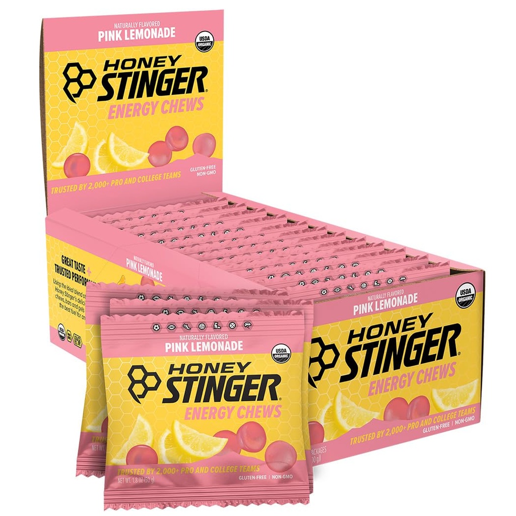 Honey Stinger Organic Pink Lemonade Energy Chew, Gluten Free & Caffeine Free, para el ejercicio, funcionamiento y rendimiento, Sports Nutrition for Home & Gym, Pre and Mid Workout, 12 Pack, 21.6 Ounce