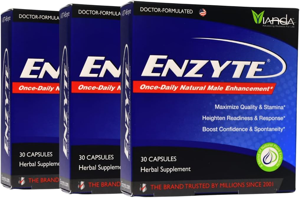 Enzyte® de Vianda Male Enhancement Health Supplement for Blood Flow, Stamina, and Quality, with Asian Ginseng, Ginkgo Biloba, Grape Seed, Horny Goat Weed, Muira Puama - 30 Capsules (3 Pack)