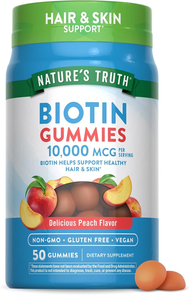La verdad de la naturaleza Biotin Gummies TEN 10000mcg ANTE 50 Conde Ø Vegan, No GMO & Gluten Free Supplement TEN Peach Flavor