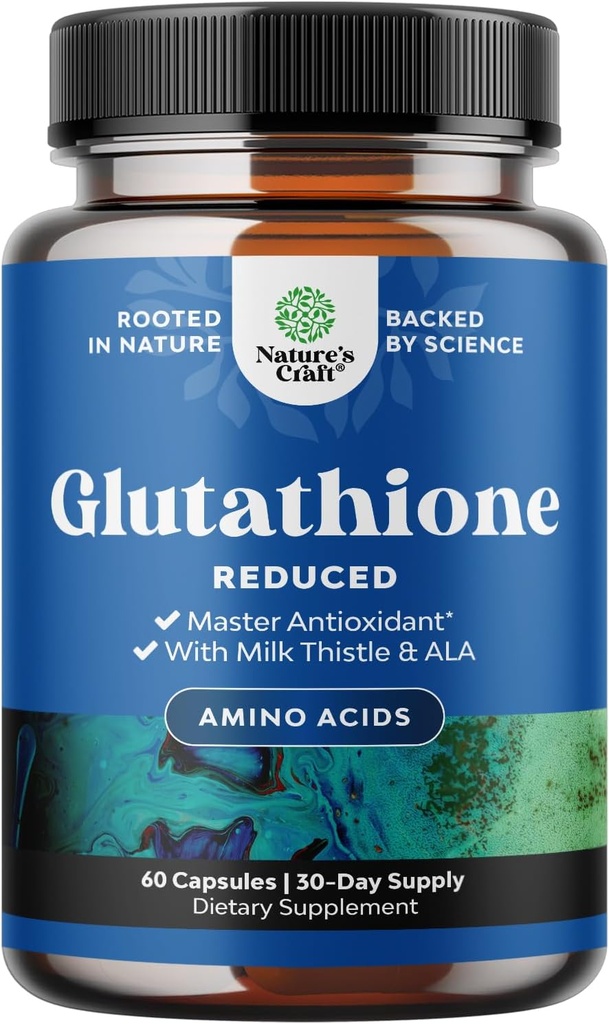 Suplemento de Glutathione reducido con cardo de leche - 1000mg por servicio Pure L Glutathione con ácido lipoico alfa Silymarin para radiación de piel, soporte para hígado & soporte de inmunológico - 60 cuenta