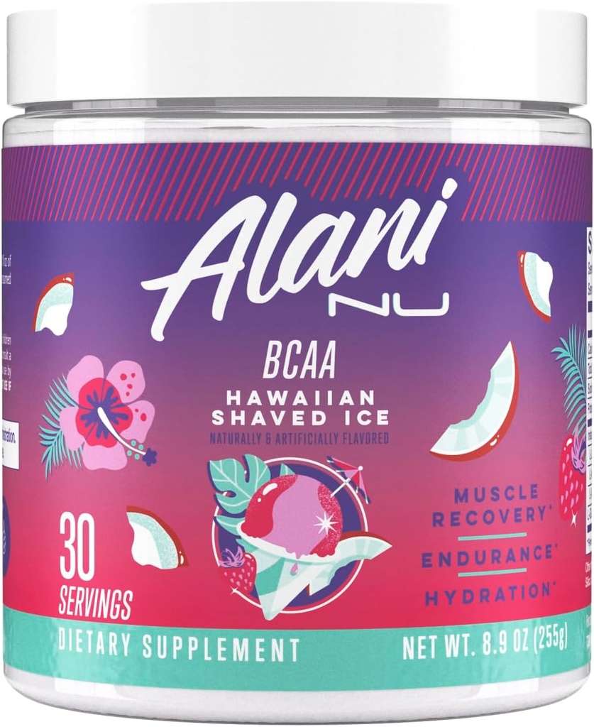 Alani Nu BCAA Hawaiian Shaved Ice Silencioso Cadena Aminoácidos Esenciales TENIDO 2:1 Fórmula TENIDO Suplemento Polvo TENIDO Recuperación de músculo Vitaminas para Post-Workout ANTE 30 Servimientos
