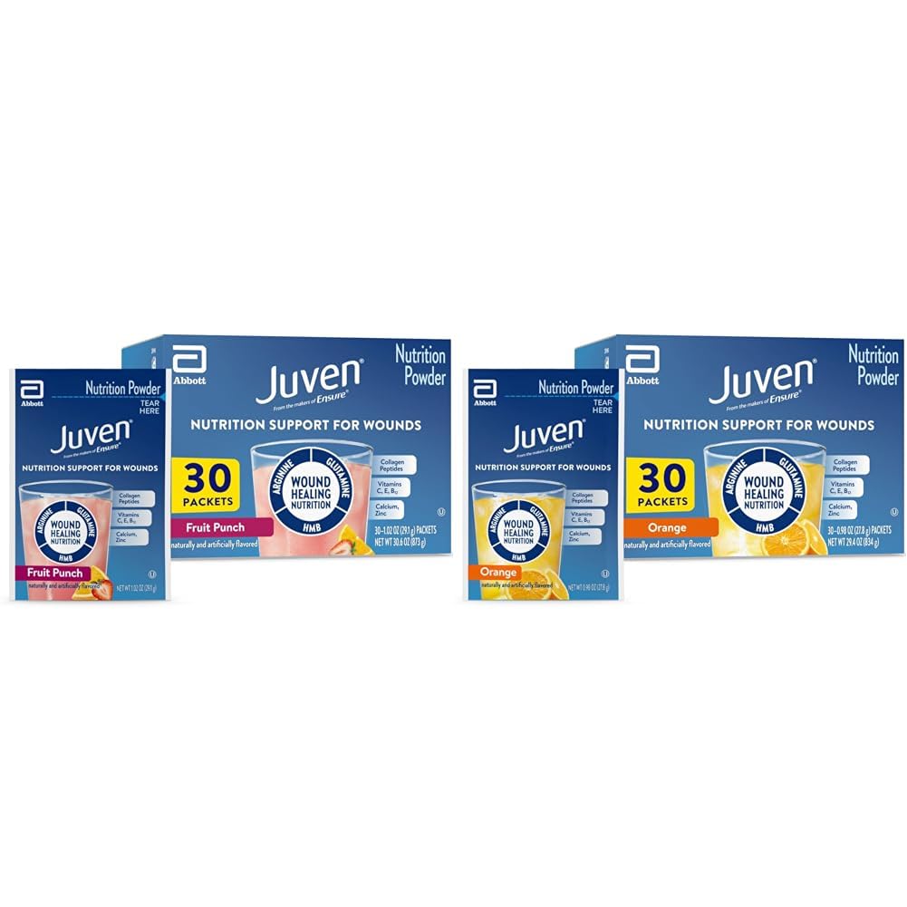 Juven Therapeutic Nutrition Drink Mix Powder for Wound Healing Support, Incluye Collagen Protein, Orange 30 Cuenta " Fruit Punch 30 Cuenta, 60 Packets totales