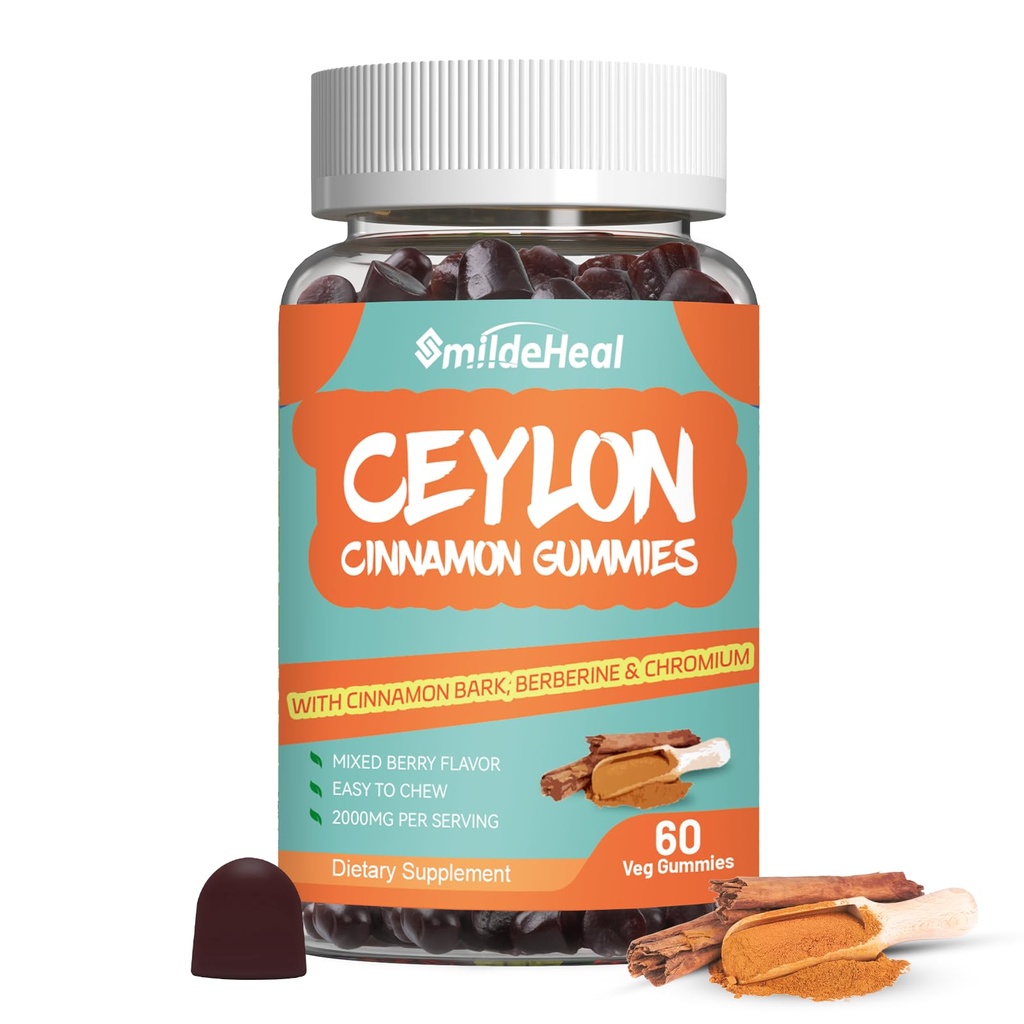Sugar Free Ceylon Cinnamon Gummies 2000MG, Suplemento de canela con cromo y canela Bark, Vegan, No GMO, Gluten Free, 60 Gummies