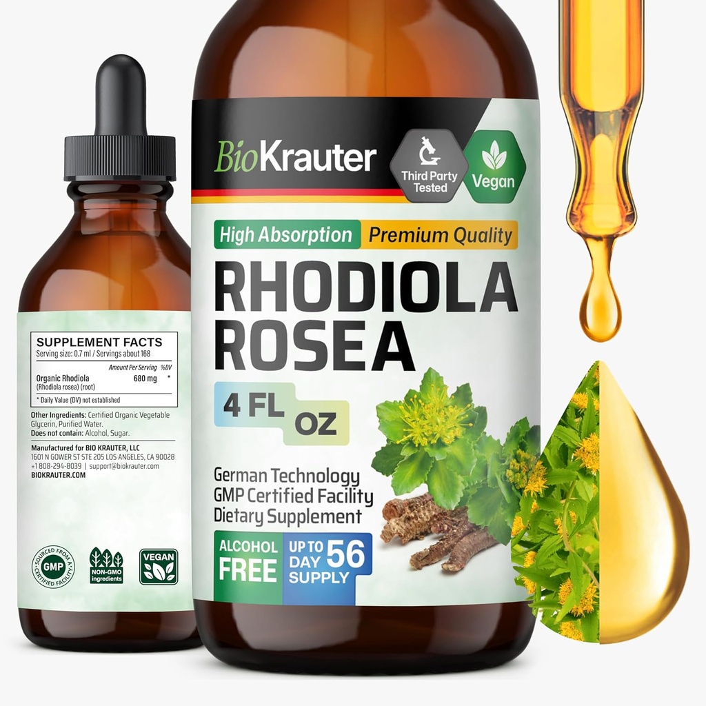 BIO KRAUTER Suplemento de Rhodiola Liquid - Pure Rhodiola Rosea Tintura para el apoyo a la calma - Alcohol & Azúcar Extracto gratis - 4 Fl.Oz.