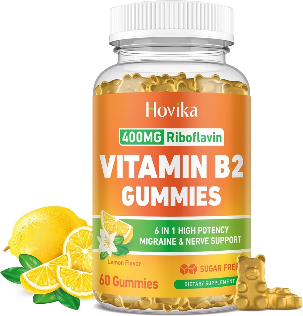 Vitamina B2 Gummies Riboflavin 400mg Suplemento para Hombres & Mujeres - Magnesio puro, Ashwagandha, CoQ10, Omega 3, Vitamina B12 - Alivio de Migraña & Energía, Sistema Nervioso Apoyo - Azúcar Gratis, 60 Conde