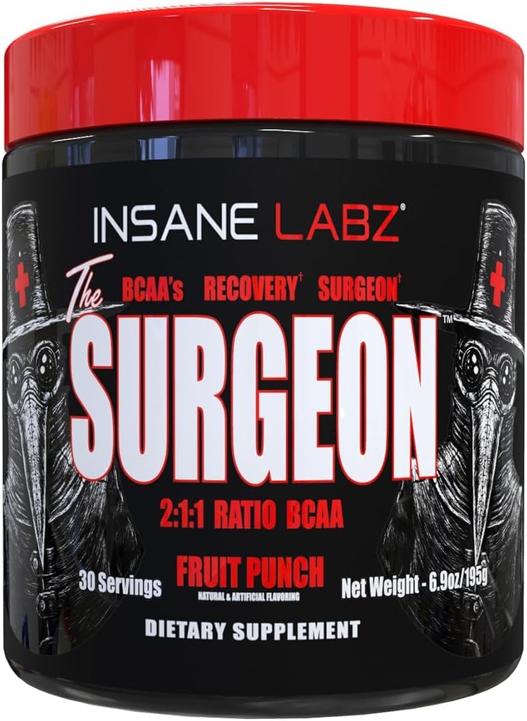 Insane Labz El Surgeon BCAA Powder de recuperación - Cadena ramificada Aminoácidos Post Workout Bebida para la recuperación del músculo - 30 Srvgs (30 Servings (Pack of 1), Fruit Punch)