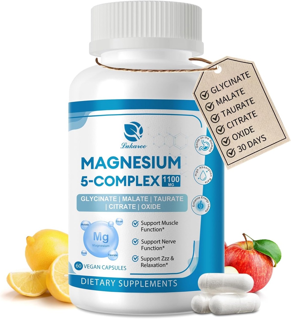 Suplemento Complejo de Magnesio 5-en-1 con vitaminas & extractos herbarios, 30 días de suministro con magnesio Glycinate Citrato Malate Taurate Oxido para el músculo de la energía del hueso calma equilibrio del cortisol, Vegan