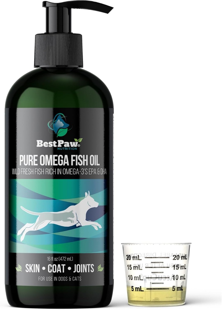 Mejor nutrición de patas - Aceite de pescado de Omega puro para perros, gatos " Ferrets - Suplemento líquido para el alivio del dolor conjunto - piel suave " salchicha brillante - Omega 3 peces aceite mascotas amor - 16oz