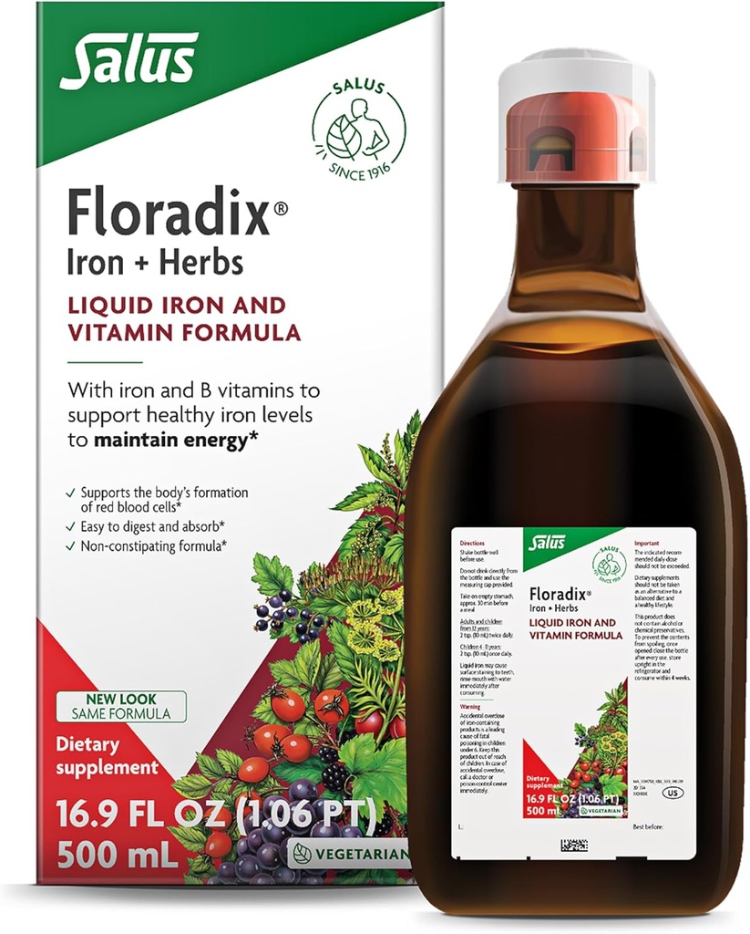 Floradix por Salus Iron & Herbs - Suplemento de hierbas líquidos para el apoyo energético* - Suplemento de hierro con complejo de vitamina C & B Vitaminas - para hombres & mujeres - 16.9 Fl Oz