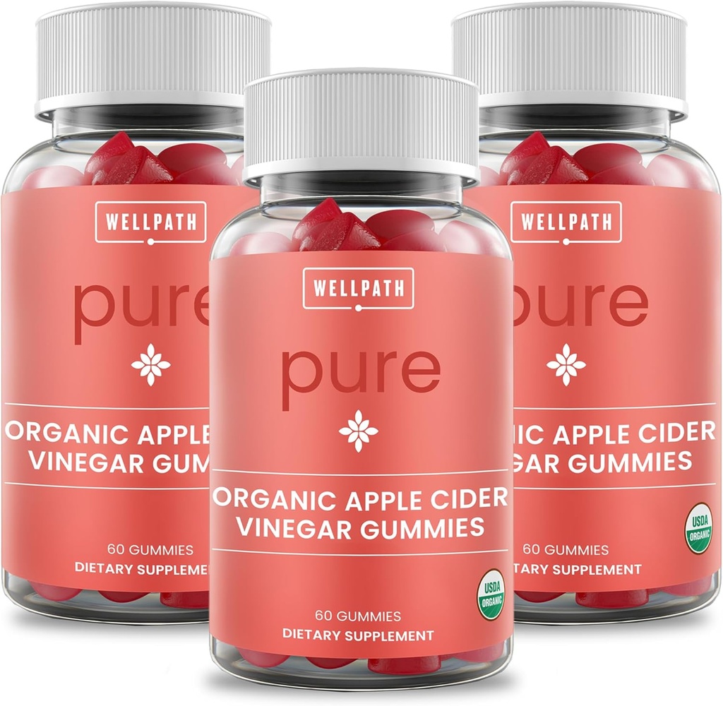 WellPath Pure Organic Apple Cider Vinegar Gummies from The Mother (3 Pack) - Made with Ginger for Gut Health ← Vegan, Non-GMO, 180 Ct