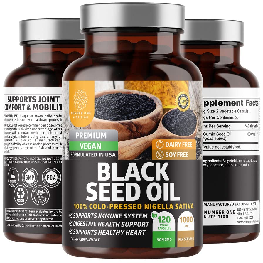 Número 1 Nutrición N1N Premium Black Seed Oil [Max Strength, 1000 mg] 100% Cold-Presed Nigela Sativa para soportar la digestión, sistema inmunológico y comodidad y movilidad conjunta, 120 caps