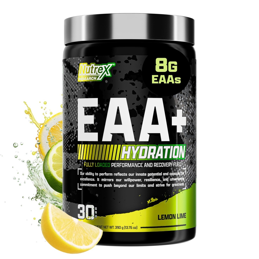Nutrex Research EAA Hydration ← EAAs + BCAA Powder ← Recuperación de músculos, fuerza, construcción de músculos, duración 8G Aminoácidos esenciales + electrolitos  durable (Packaging My Vary) 30 Servings (Lime de limón)
