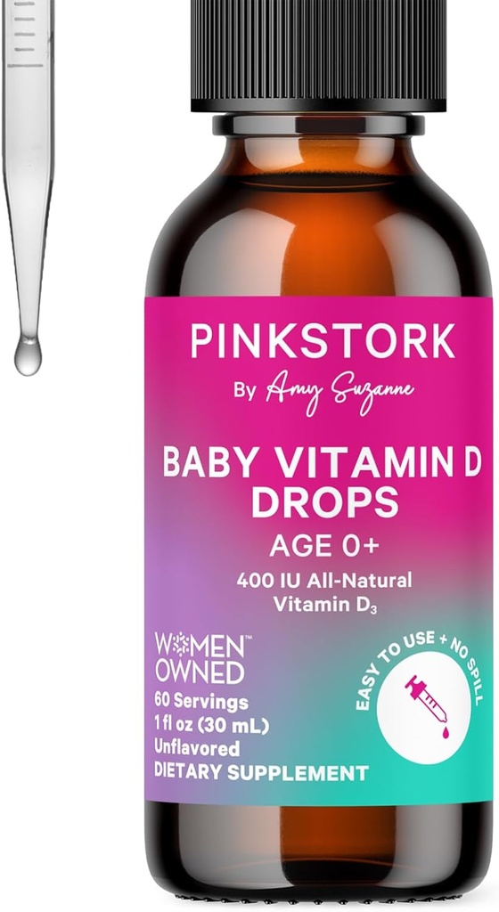 Pink Stork Bebé Líquido gotas de vitamina D para bebés, 400 UI Vitamina D3 para recién nacidos y niños para ayudar a apoyar el desarrollo de los huesos y la función sana de la inmune - 1 fl oz, 2 Month Supply