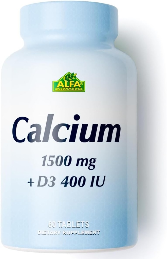 ALFA VITAMINS Calcio 1500mg " Vitamina D3 400 UI, soporta la salud ósea " Sistema inmunológico, vitaminas esenciales para los huesos fuertes " dientes, suplemento de citrato de calcio con vitamina D3, 60 tabletas