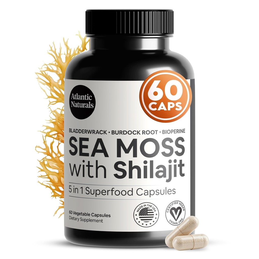 Atlantic Naturals Sea Moss and Shilajit Capsules – 5-in-1 Seamoss Shilajit Combo with Bladderwrack, Burdock Root & Black Pepper – Sea Moss Suplementos para Absorción " Vitality – 2705 mg – 60 Cuenta