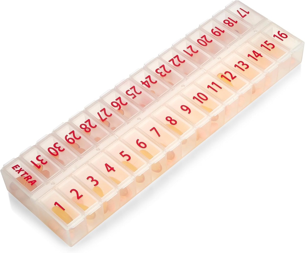 Organizador de gran pill Mensual 32 Compartimientos - 30 Day Pill Organizer 1 Hora A Day, Large Compartment Box for Medications, BPA-Free Plastic, Removible Lid for Easy Loading Medicine, Vitamins, Clear