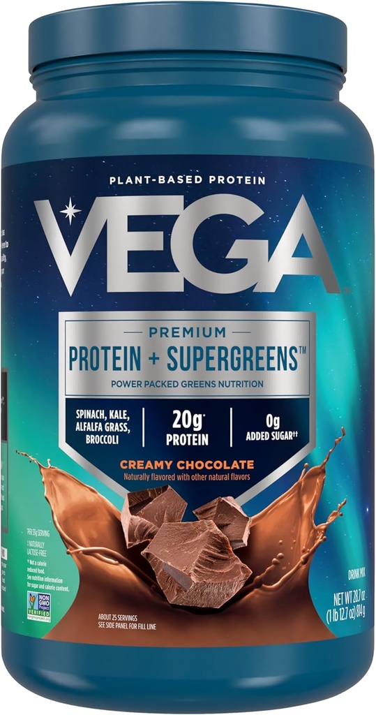Vega Proteína + Supergreens - 20g Proteína de base vegetal, Chocolate, 25 Servings, Verdes Reales " Veggies, Keto Vegan, 0g Añadido Azúcar, Non-GMO, Gluten Free, Dairy Free, 1.8lbs (Packaging May Vary)